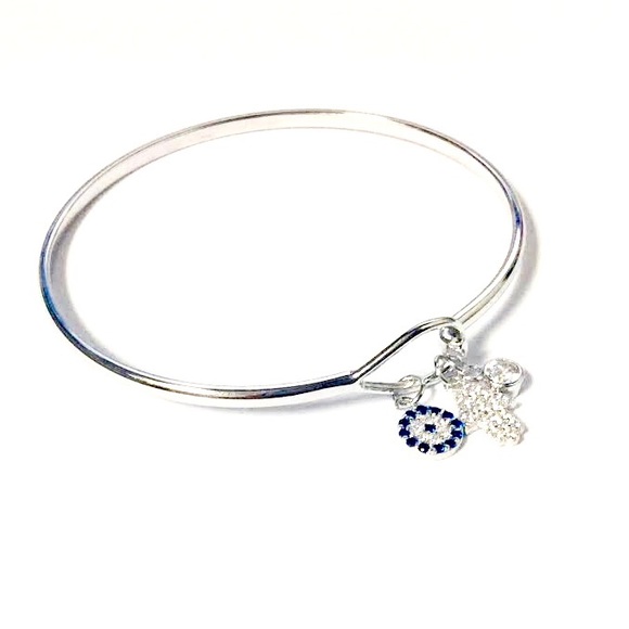925 STERLING SILVER Hamsa-Eye-CZs Charms Bangle - Picture 6 of 8